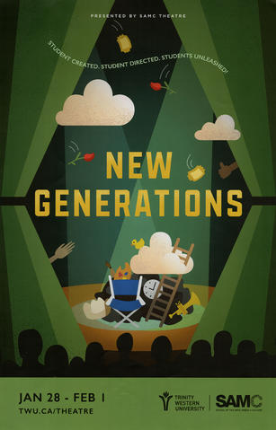 Item is a poster for a production of "New Generations." Item consists of black and yellow text on a colour illustration of a theatre stage. Spotlights shine on a pile of various items, including a blue chair, ladder, and trumpet. Clouds, tickets, and roses fly around the stage.