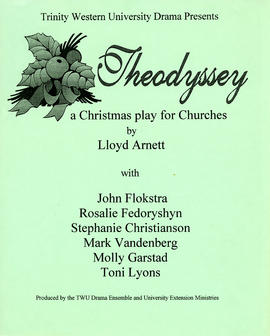 Items are posters for a production of Lloyd Arnett's "Theodyssey." Posters consist of vlack text printed on green paper. The title, "Theodyssey," is written in a cursive font. To the left of the title is an image of a bundle of holly tied with ribbon.