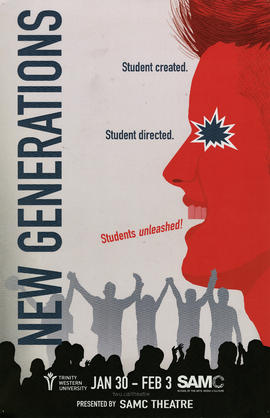 Items are posters for a production of "New Generations." Both posters consist of white, blue, and red text on a colour illustration of a crowd, five silhouettes holding hands, a the profile of an individual coloured red, their eye replaced with a comic book explosion symbol.