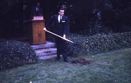 Calvin Hanson holding a shovel at the first sod turning.