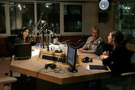 Claudia Launhardt with one of her students, being interviewed on CBC Radio