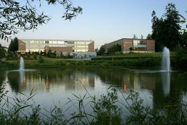 Reimer Student Centre and Alloway Library with the Pond