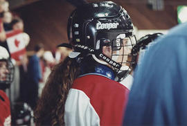 Close-up shot of a hockey player in the Can-Am game