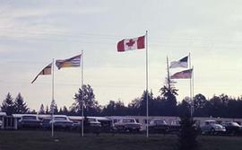 A view of flagpoles on campus.