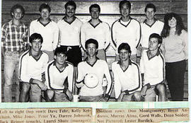 Men's volleyball team posing in the gym