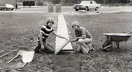 Students laying paving stones during the Work-a-thon