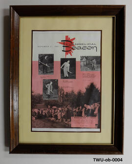 Framed cover of the Evangelical Beacon bulletin announcing the sod-turning event for Trinity Juni...