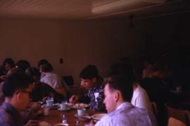 Students eating lunch in the dining hall.